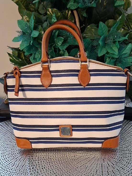 Dooney & Bourke Handbags - Dooney & Bourke Navy and White Striped Tote with Tan Trim